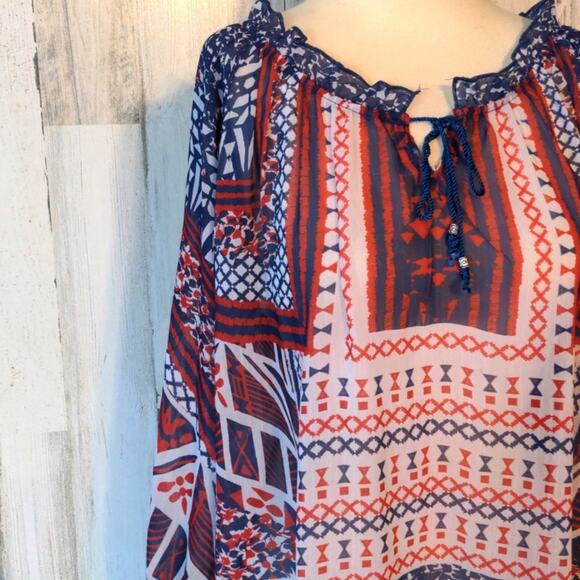 ONE WORLD Red White Blue Patriotic Sheer Blouse Tie Plus 1X - Picture 3 of 7